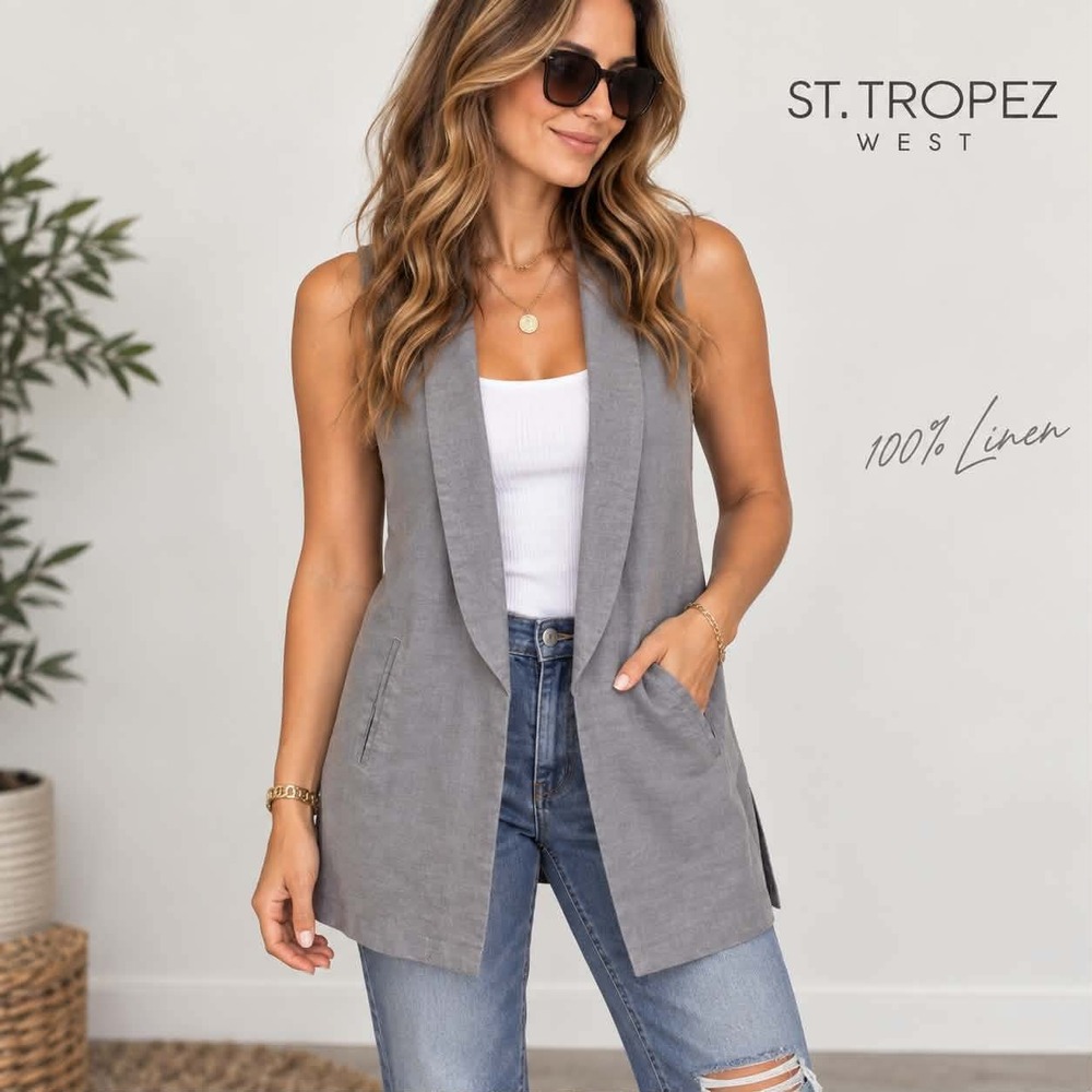 St Tropez West XL Linen Vest Coastal Minimalist Resort Quiet Luxury Lagenlook